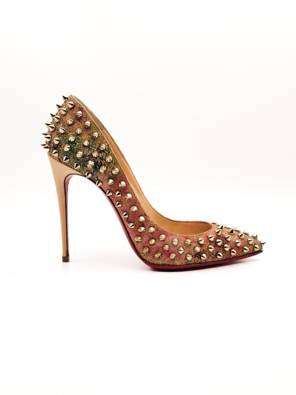 Christian Louboutin Pigalle Follies 100 Gold Spiked Pointed Pumps Heels EU 37